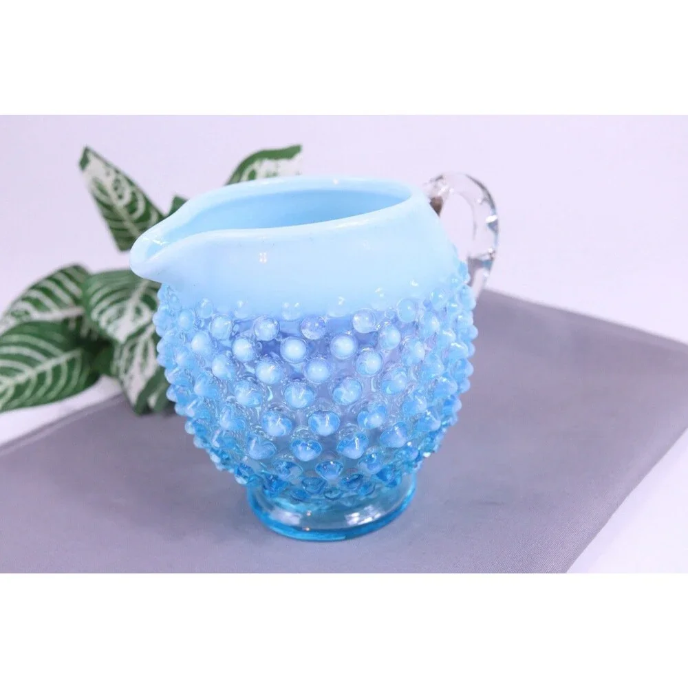 Fenton Hobnail Glass Aqua Blue Opalescent Squat Jug Small Pitcher 5